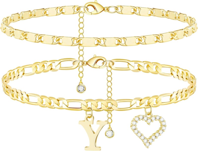 Wremily Initial Ankle Bracelets for Women Waterproof 14K Gold Plated Dainty Layered Figaro Chain Letter Initial CZ Heart Ankle Bracelets Set Summer Beach Jewelry for Women - Image 1